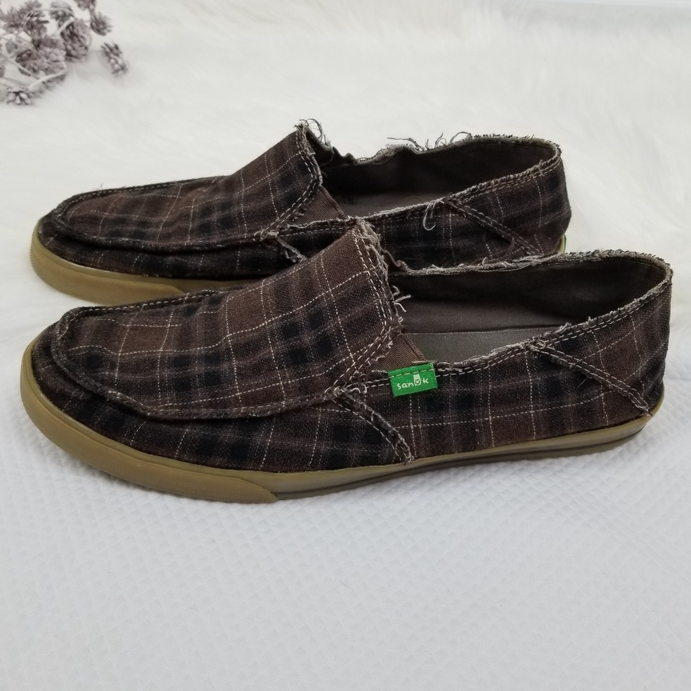 Sanuk | Mens Brown Plaid Slip-Ons | 9